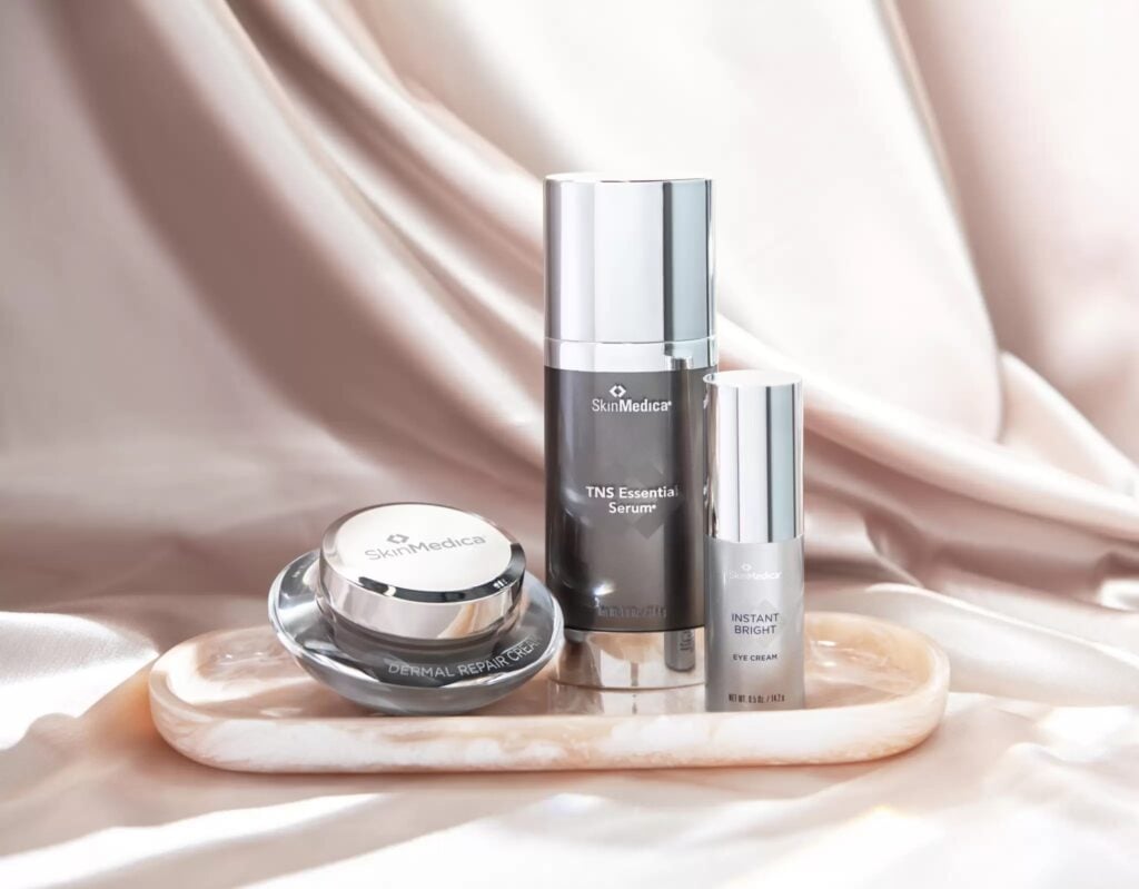 A SkinMedica display of the products used in hrt services.
